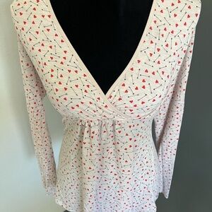 Cream and Red V-Neck Top